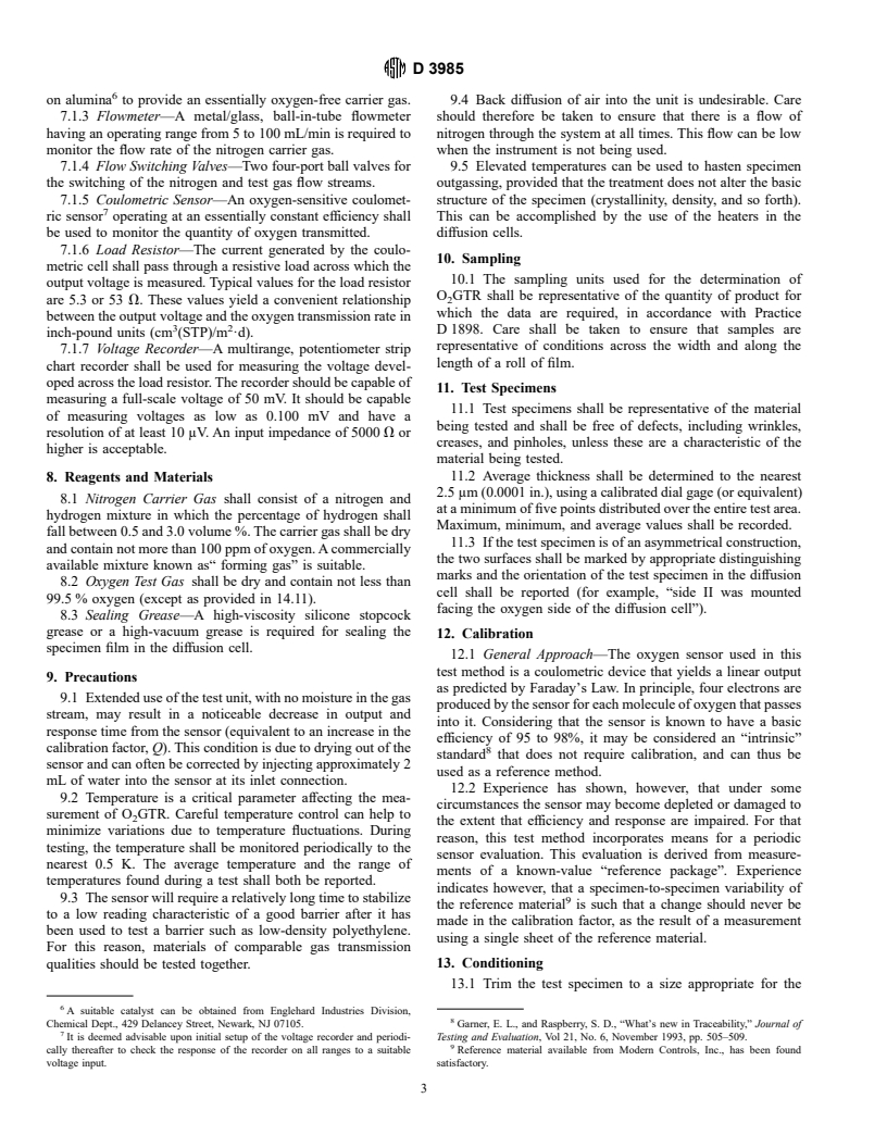 ASTM D3985-95 - Standard Test Method for Oxygen Gas Transmission Rate Through Plastic Film and Sheeting Using a Coulometric Sensor