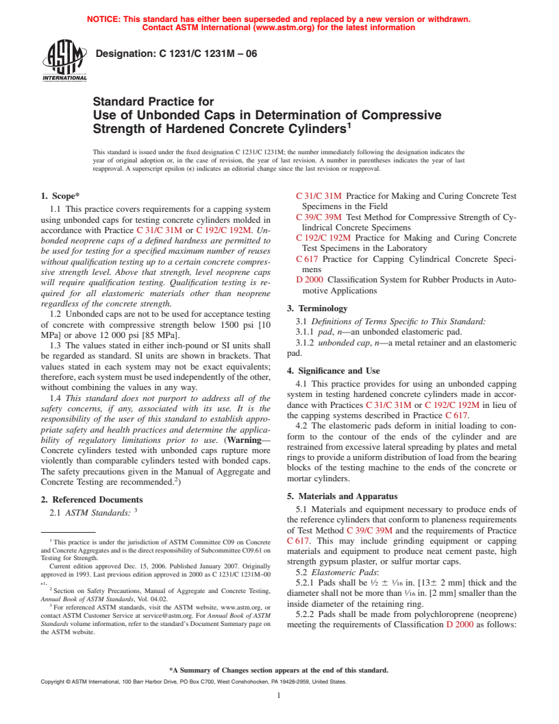 ASTM C1231/C1231M-06 - Standard Practice for Use of Unbonded Caps in Determination of Compressive Strength of Hardened Concrete Cylinders