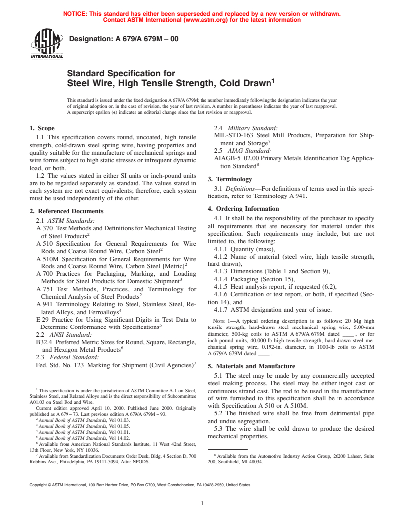 ASTM A679/A679M-00 - Standard Specification for Steel Wire, High Tensile Strength, Cold Drawn