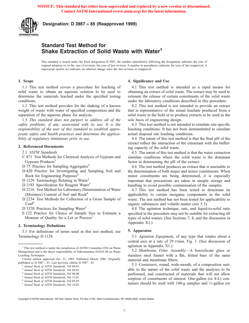 ASTM D3987-85(1999) - Standard Test Method for Shake Extraction of Solid Waste with Water