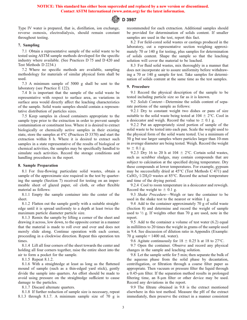 ASTM D3987-85(1999) - Standard Test Method for Shake Extraction of Solid Waste with Water