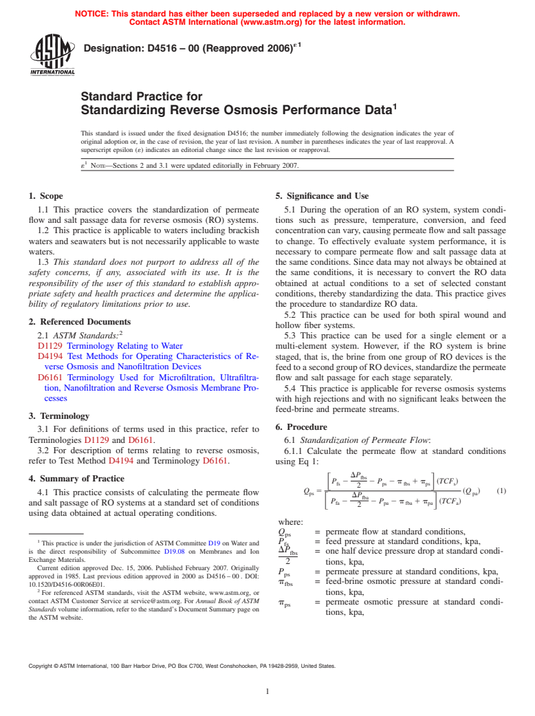 ASTM D4516-00(2006)e1 - Standard Practice for Standardizing Reverse Osmosis Performance Data