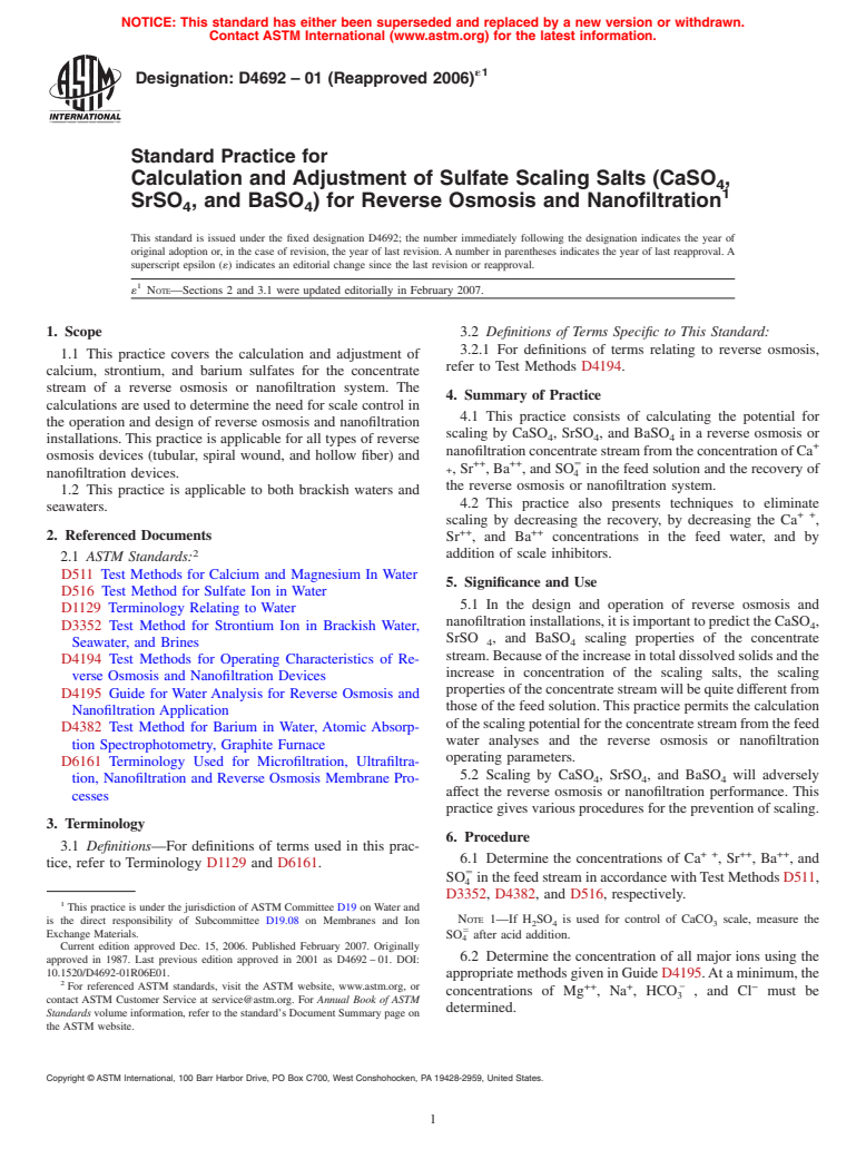 ASTM D4692-01(2006)e1 - Standard Practice for Calculation and Adjustment of Sulfate Scaling Salts (CaSO<sub>4</sub>, SrSO<sub>4</sub>, and BaSO<sub>4</sub>) for Reverse Osmosis and Nanofiltration