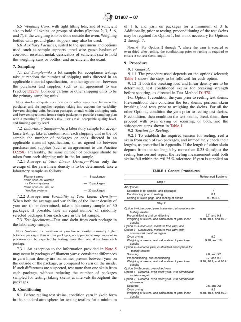 ASTM D1907-07 - Standard Test Method for Linear Density of Yarn (Yarn Number) by the Skein Method