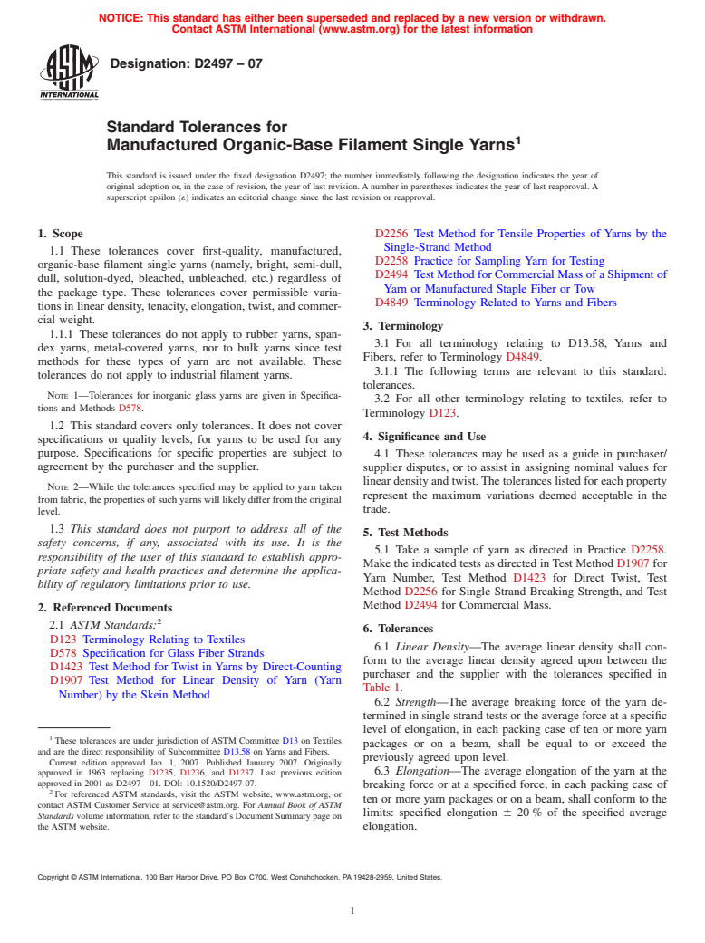 ASTM D2497-07 - Standard Tolerances for Manufactured Organic-Base Filament Single Yarns