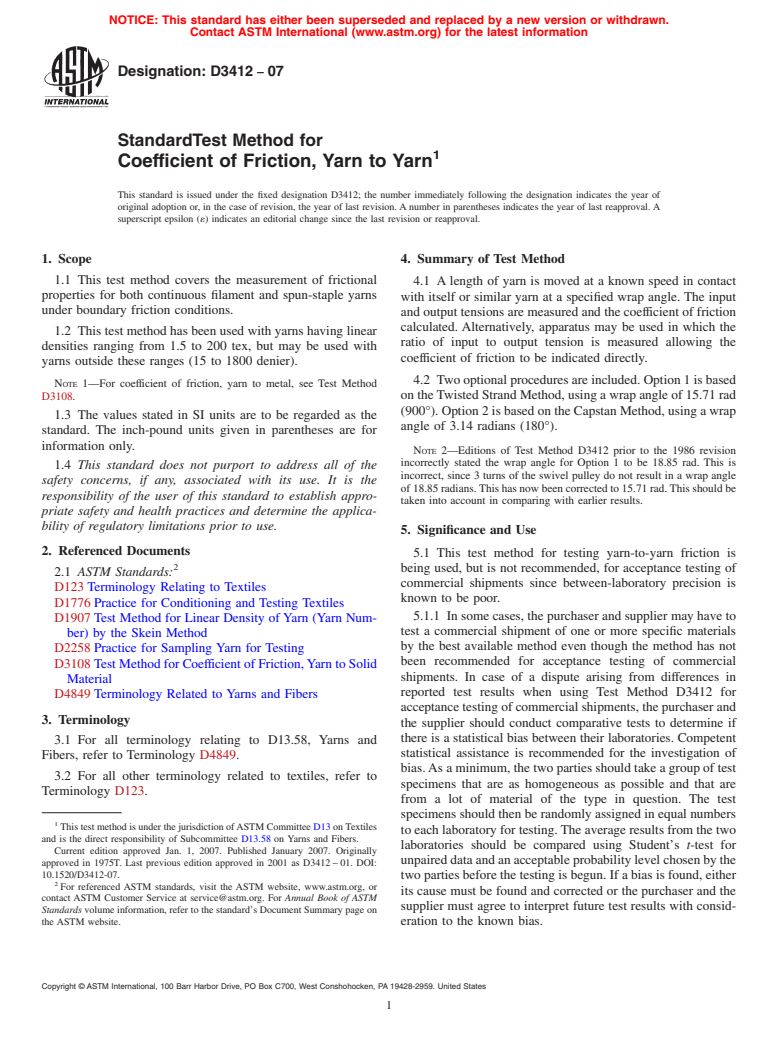 ASTM D3412-07 - Standard Test Method for Coefficient of Friction, Yarn to Yarn