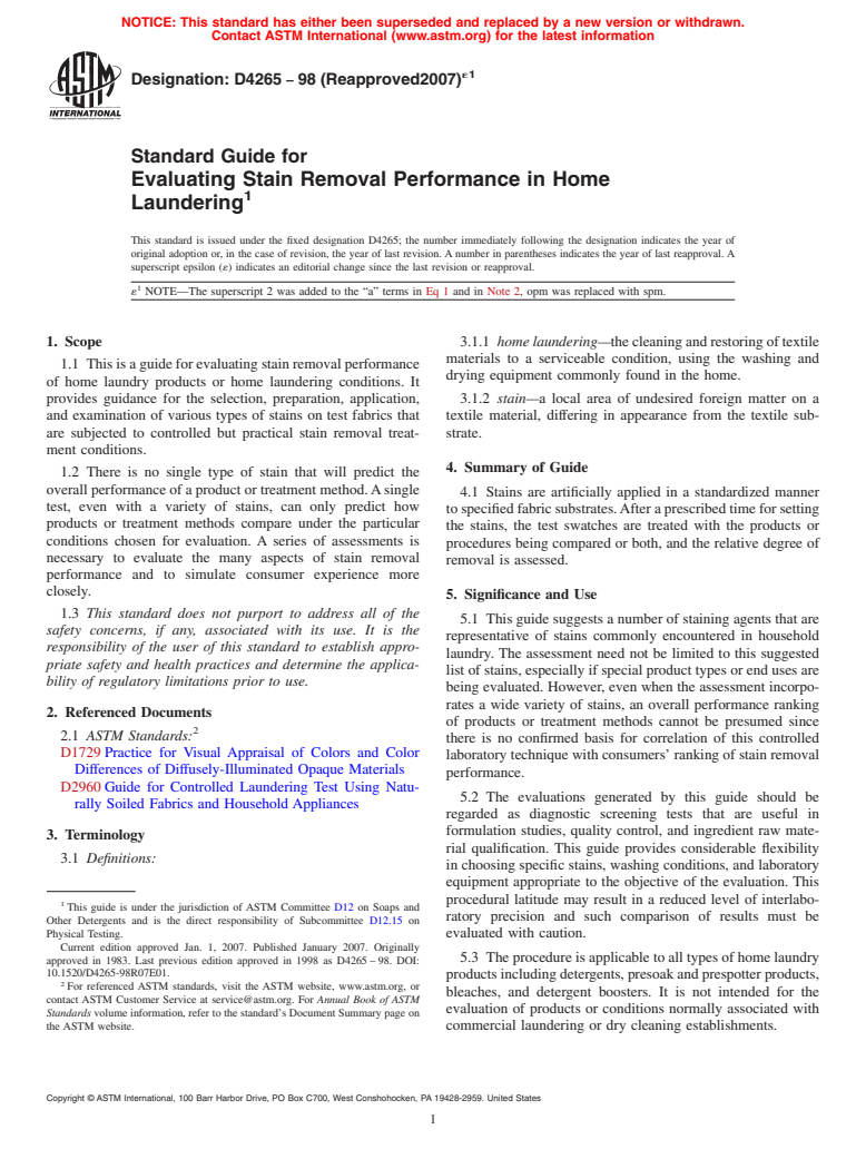 ASTM D4265-98(2007)e1 - Standard Guide for Evaluating Stain Removal Performance in Home Laundering