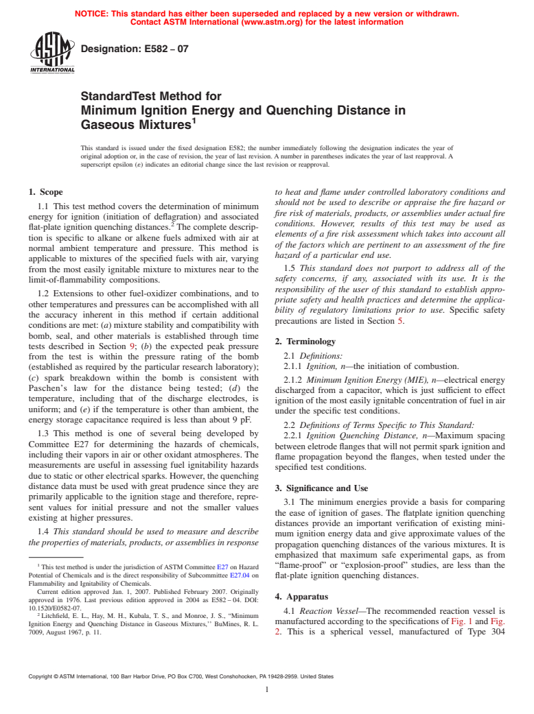 ASTM E582-07 - Standard Test Method for Minimum Ignition Energy and Quenching Distance in Gaseous Mixtures