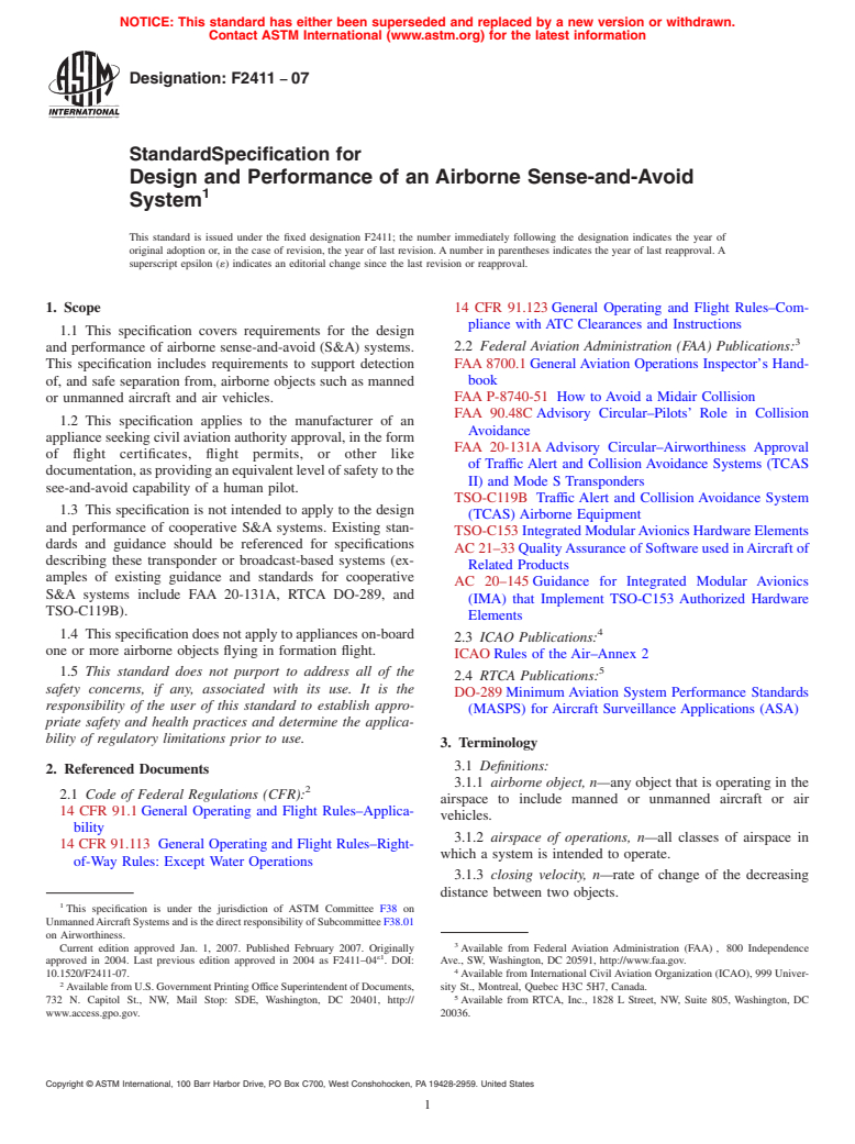 ASTM F2411-07 - Standard Specification for Design and Performance of an Airborne Sense-and-Avoid System (Withdrawn 2014)