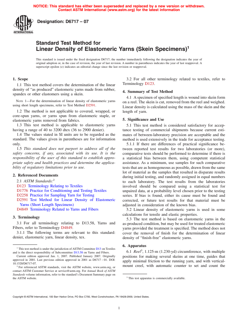 ASTM D6717-07 - Standard Test Method for Linear Density of Elastomeric Yarns (Skein Specimens)