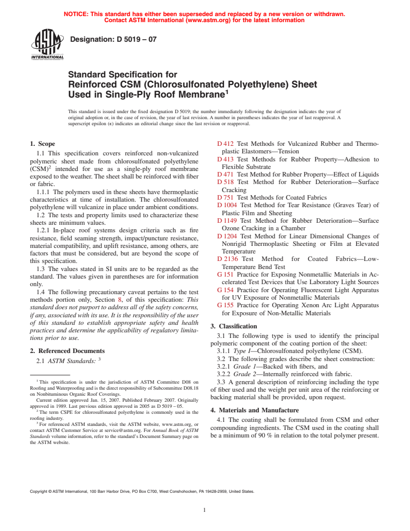 ASTM D5019-07 - Standard Specification for Reinforced CSM (Chlorosulfonated Polyethylene) Sheet Used in Single-Ply Roof Membrane