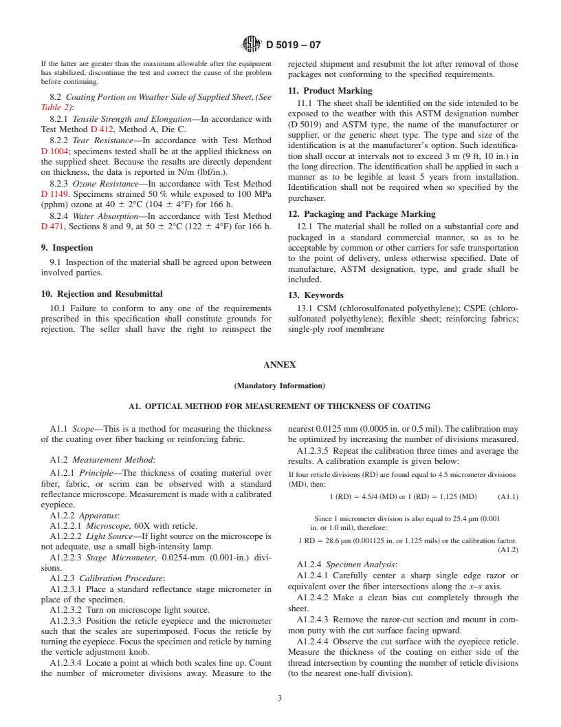 ASTM D5019-07 - Standard Specification for Reinforced CSM (Chlorosulfonated Polyethylene) Sheet Used in Single-Ply Roof Membrane