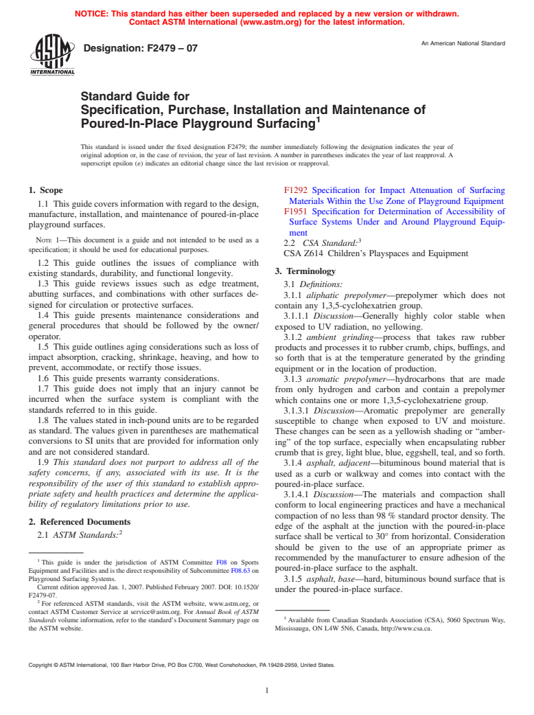 ASTM F2479-07 - Standard Guide for Specification, Purchase, Installation and Maintenance of Poured-In-Place Playground Surfacing