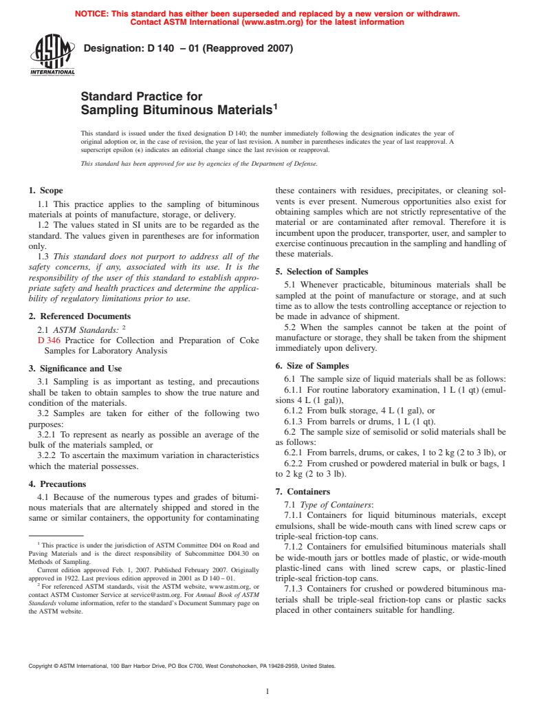 ASTM D140-01(2007) - Standard Practice for Sampling Bituminous Materials