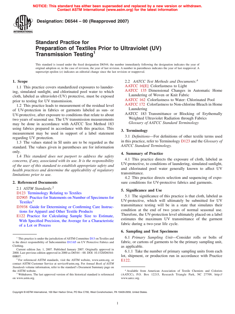 ASTM D6544-00(2007) - Standard Practice for Preparation of Textiles Prior to Ultraviolet (UV) Transmission Testing