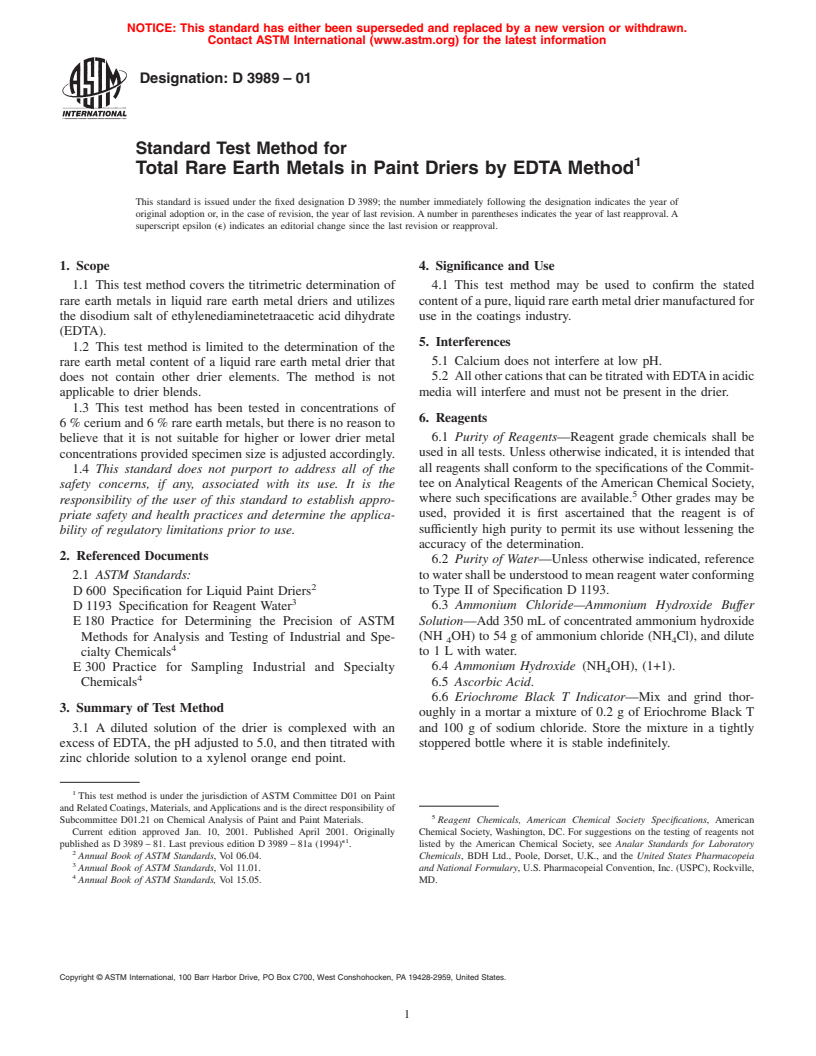 ASTM D3989-01 - Standard Test Method for Total Rare Earth Metals in Paint Driers by EDTA Method