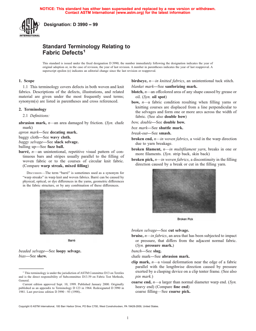 ASTM D3990-99 - Standard Terminology Relating to Fabric Defects