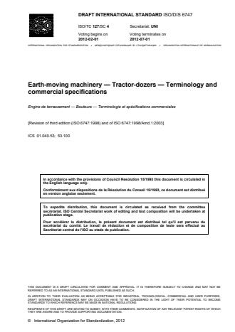 ISO 6747:2013 - Earth-moving machinery -- Dozers -- Terminology and commercial specifications