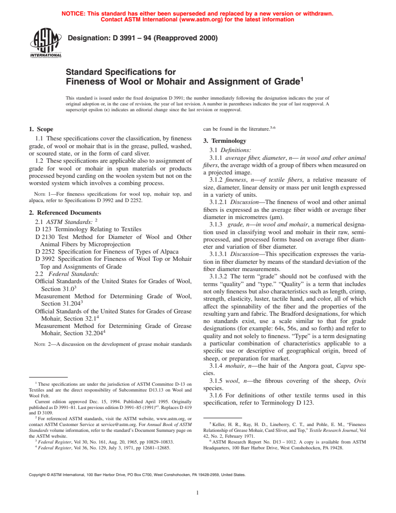 ASTM D3991-94(2000) - Standard Specifications for Fineness of Wool or Mohair and Assignment of Grade