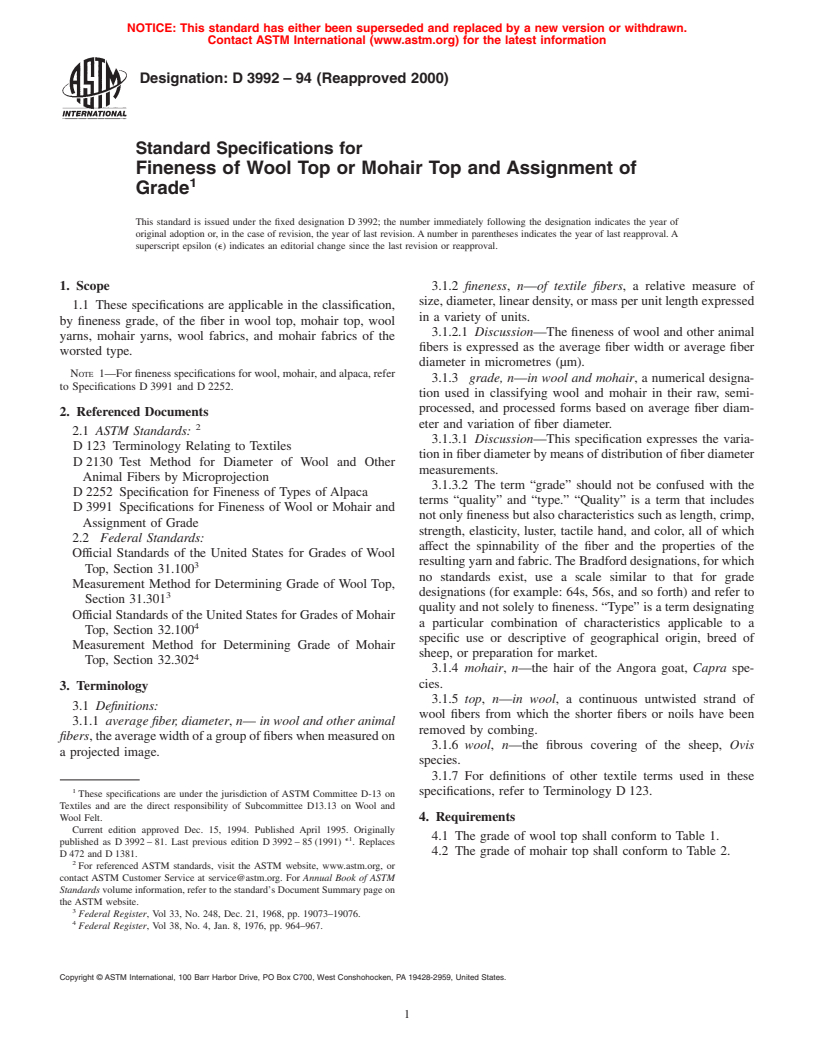 ASTM D3992-94(2000) - Standard Specification for Wool Top or Mohair Top and Assignment of Grade