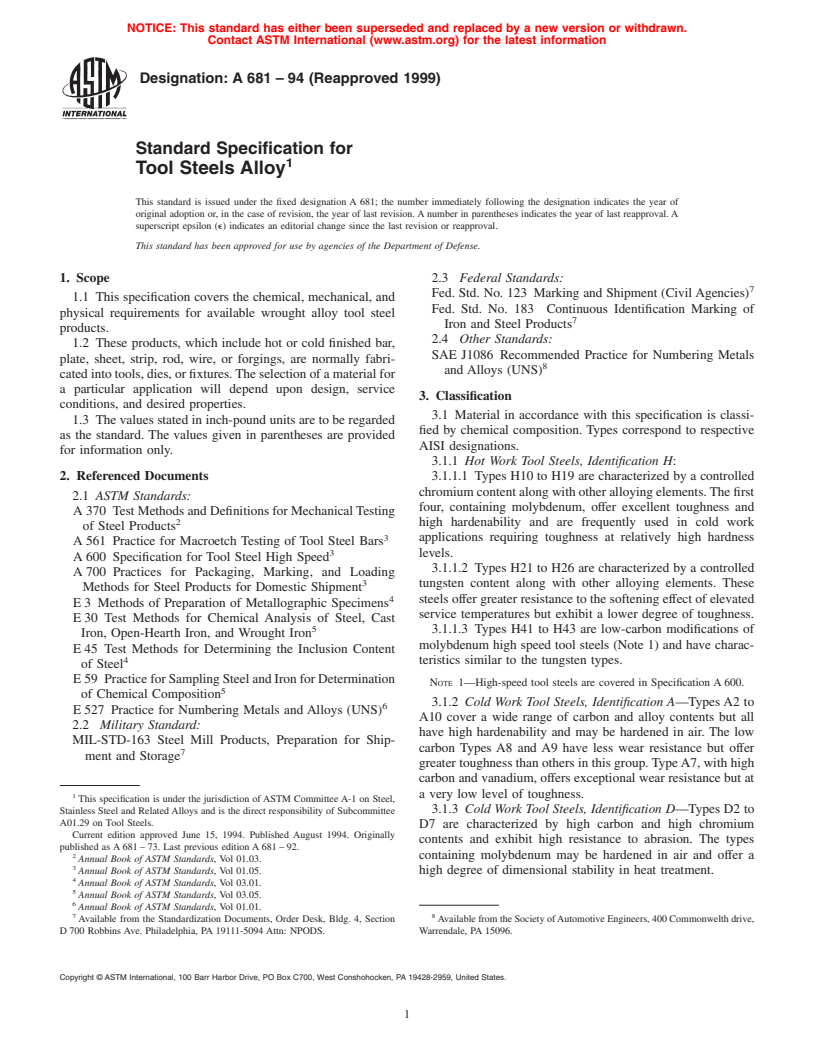 ASTM A681-94(1999) - Standard Specification for Tool Steels Alloy