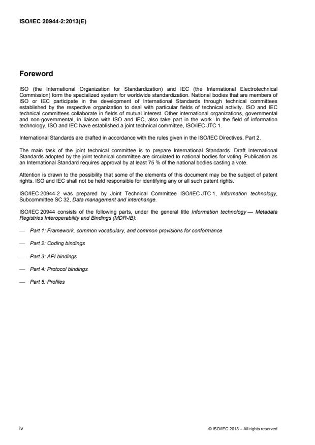 ISO/IEC 20944-2:2013 ISO/IEC 20944-2:2013 - Information technology -- Metadata Registries Interoperability and Bindings (MDR-IB) - Page 4 preview