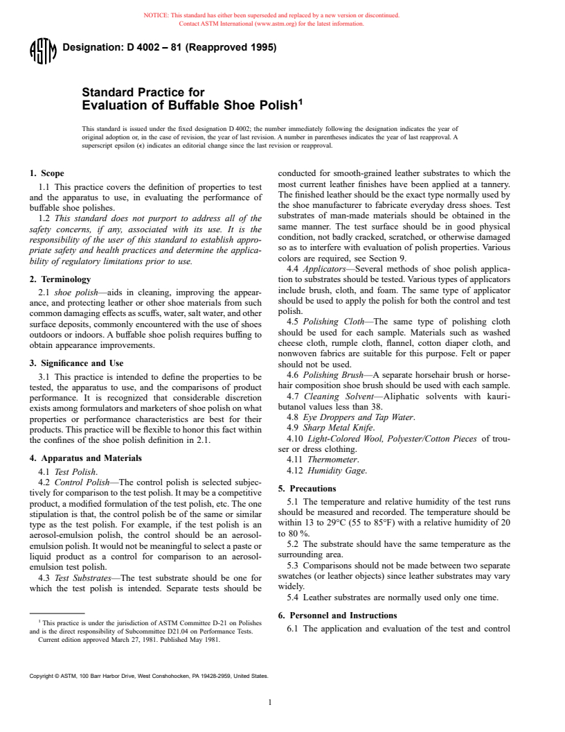 ASTM D4002-81(1995) - Standard Practice for Evaluation of Buffable Shoe Polish