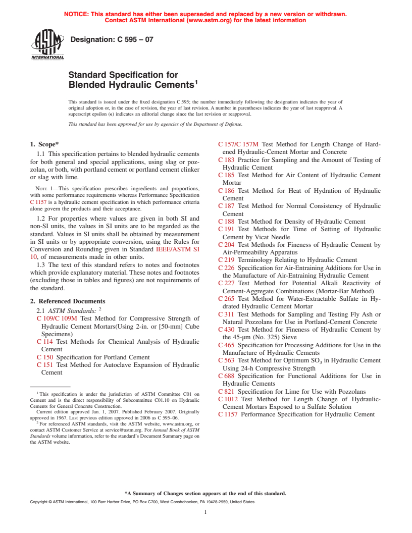 ASTM C595-07 - Standard Specification for Blended Hydraulic Cements