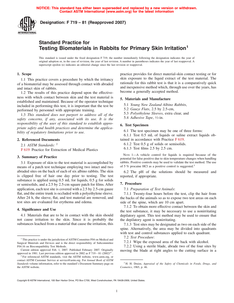 ASTM F719-81(2007) - Standard Practice for Testing Biomaterials in Rabbits for Primary Skin Irritation