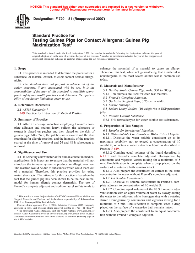 ASTM F720-81(2007) - Standard Practice for Testing Guinea Pigs for Contact Allergens: Guinea Pig Maximization Test