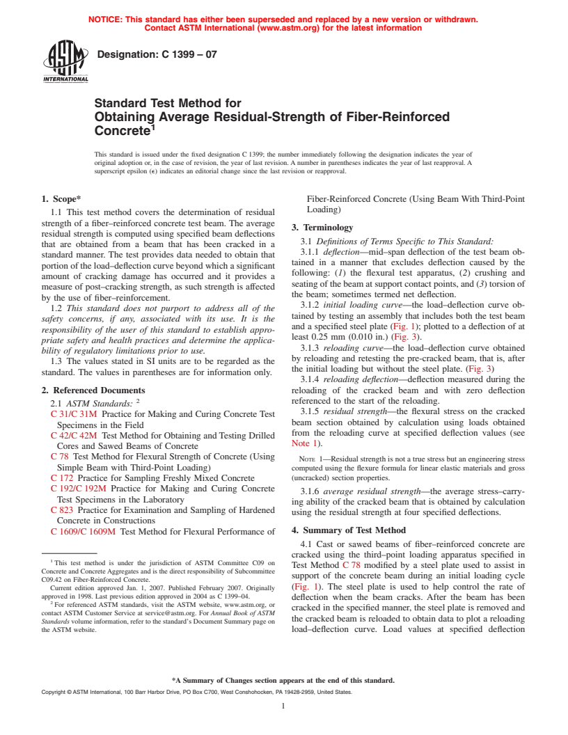 ASTM C1399-07 - Standard Test Method for Obtaining Average Residual-Strength of Fiber-Reinforced Concrete