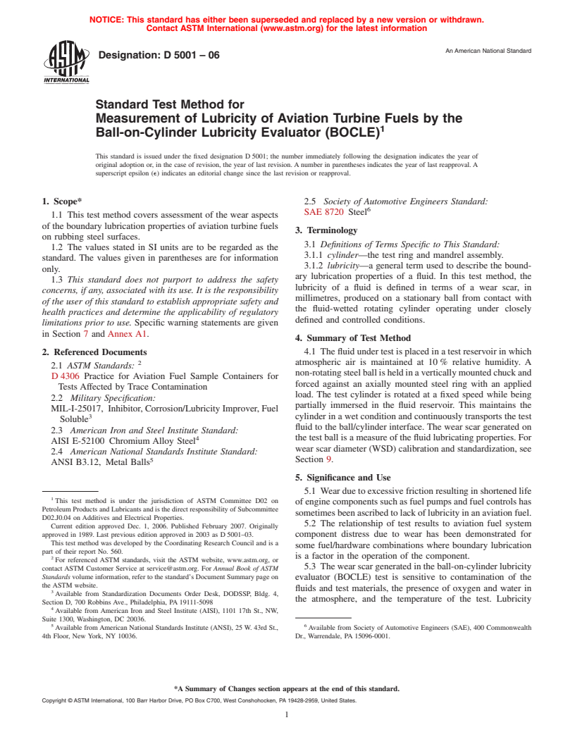 ASTM D5001-06 - Standard Test Method for Measurement of Lubricity of Aviation Turbine Fuels by the Ball-on-Cylinder Lubricity Evaluator (BOCLE)