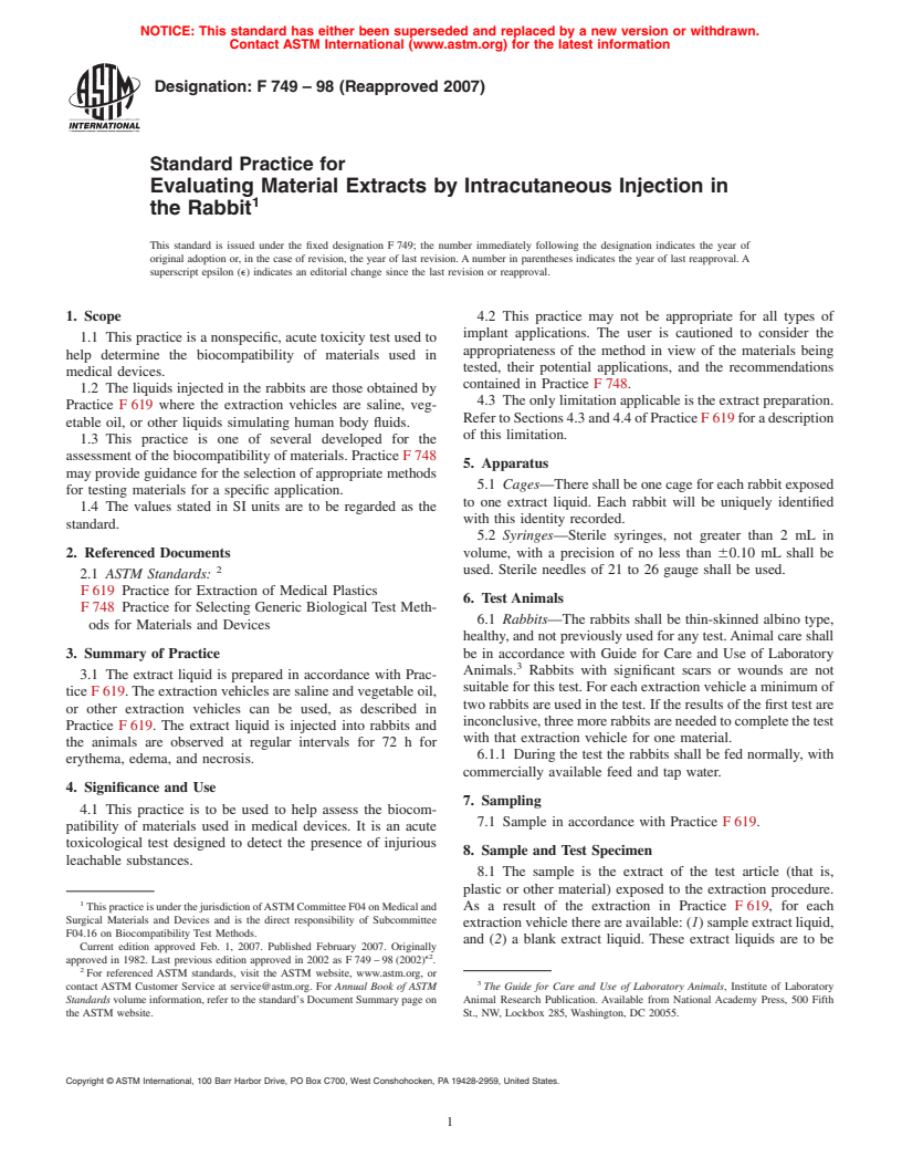 ASTM F749-98(2007) - Standard Practice for Evaluating Material Extracts by Intracutaneous Injection in the Rabbit