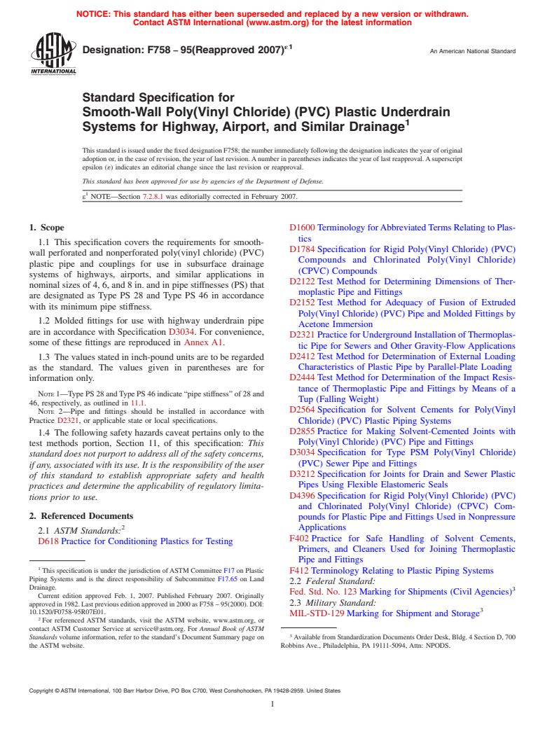 ASTM F758-95(2007)e1 - Standard Specification for Smooth-Wall Poly(Vinyl Chloride) (PVC) Plastic Underdrain Systems for Highway, Airport, and Similar Drainage
