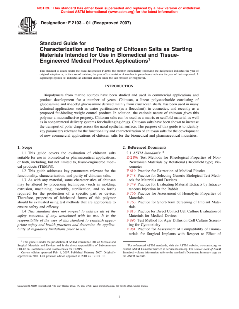 ASTM F2103-01(2007) - Standard Guide for Characterization and Testing of Chitosan Salts as Starting Materials Intended for Use in Biomedical and Tissue-Engineered Medical Product Applications