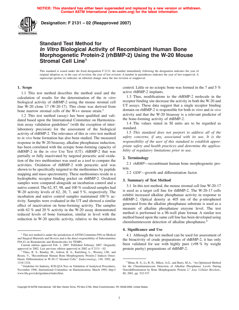 ASTM F2131-02(2007) - Standard Test Method for<bdit>In Vitro</bdit> Biological Activity of Recombinant Human Bone Morphogenetic Protein-2 (rhBMP-2) Using the W-20 Mouse Stromal Cell Line