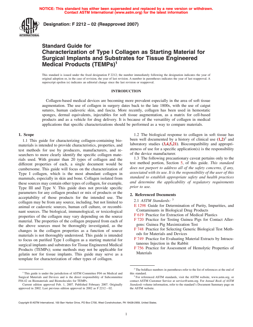 ASTM F2212-02(2007) - Standard Guide for Characterization of Type I Collagen as Starting Material for Surgical Implants and Substrates for Tissue Engineered Medical Products (TEMPs)