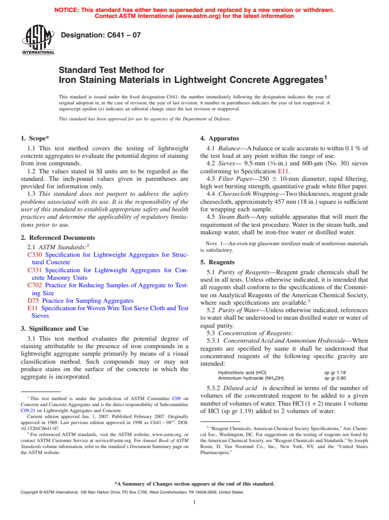 ASTM C641-07 - Standard Test Method for Iron Staining Materials in Lightweight Concrete Aggregates