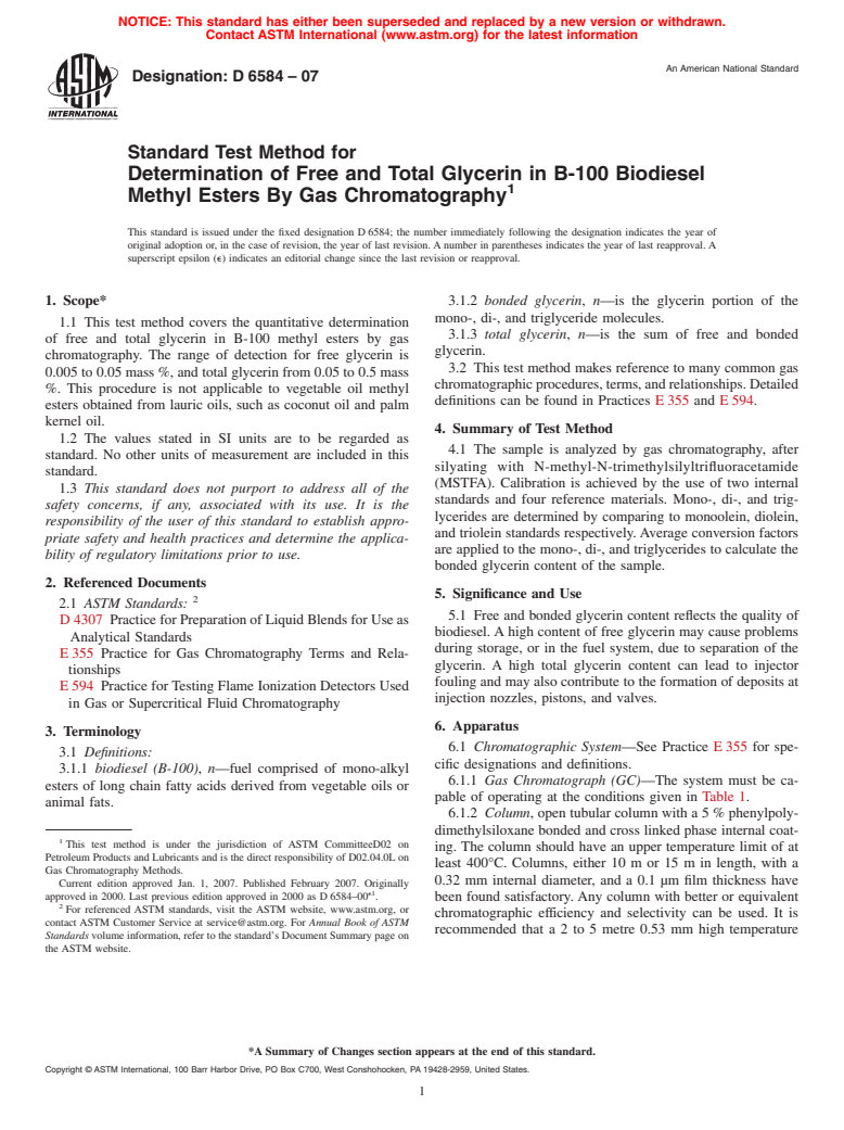 ASTM D6584-07 - Standard Test Method for Determination of Free and Total Glycerin in B-100 Biodiesel Methyl Esters By Gas Chromatography