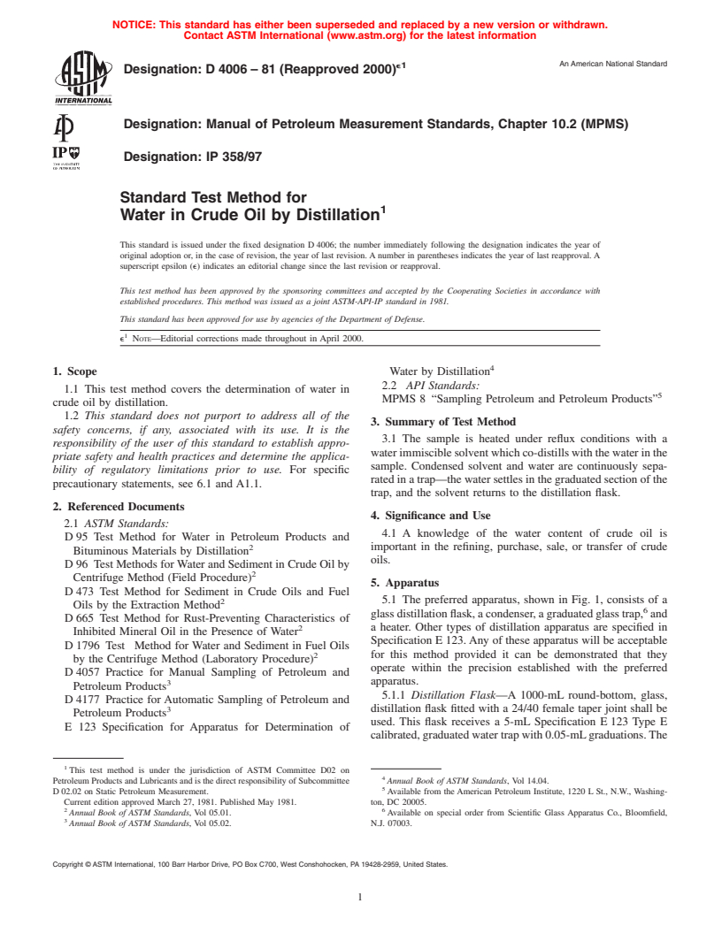 ASTM D4006-81(2000)e1 - Standard Test Method for Water in Crude Oil by Distillation