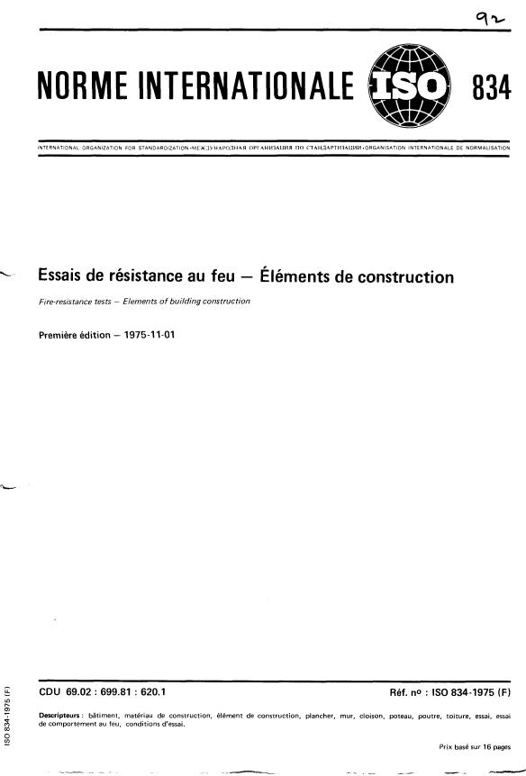 ISO 834:1975 - Essais de résistance au feu -- Éléments de construction