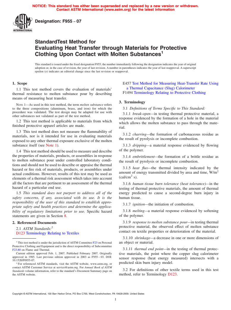 ASTM F955-07 - Standard Test Method for Evaluating Heat Transfer through Materials for Protective Clothing Upon Contact with Molten Substances