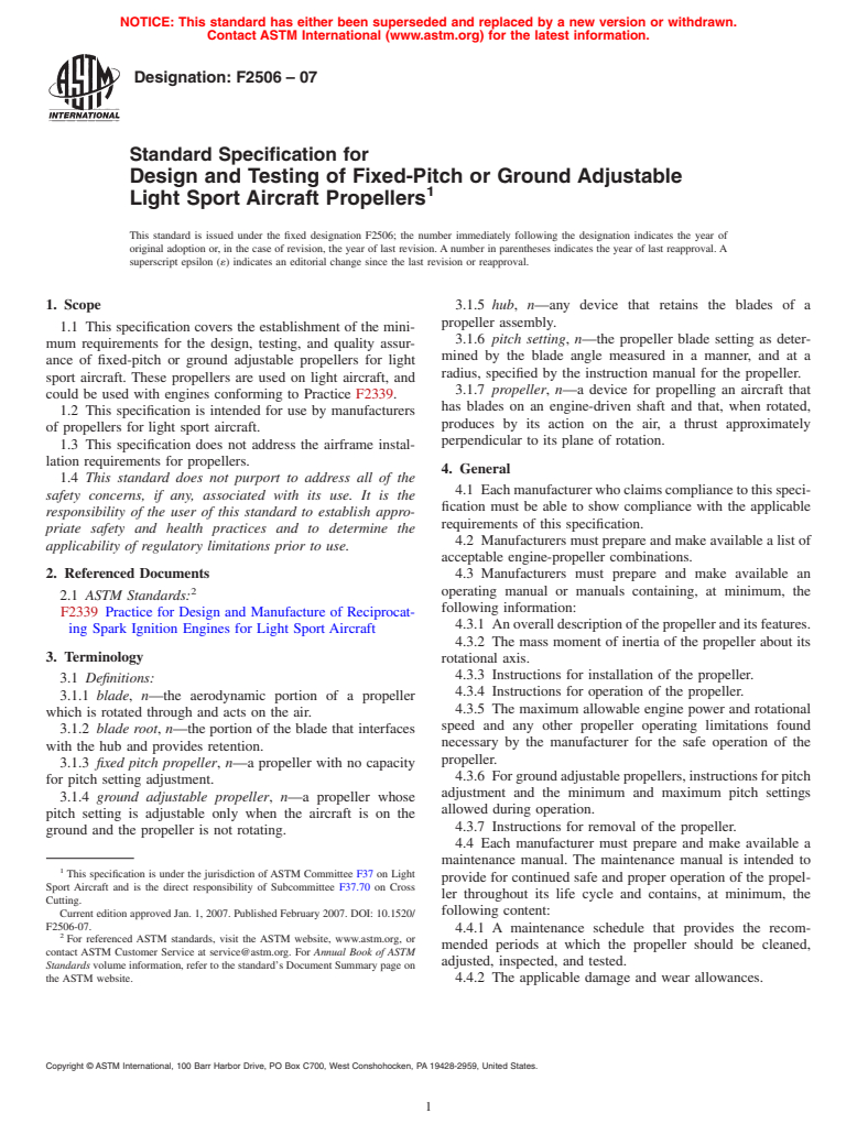 ASTM F2506-07 - Standard Specification for Design and Testing of Fixed-Pitch or Ground Adjustable Light Sport Aircraft Propellers