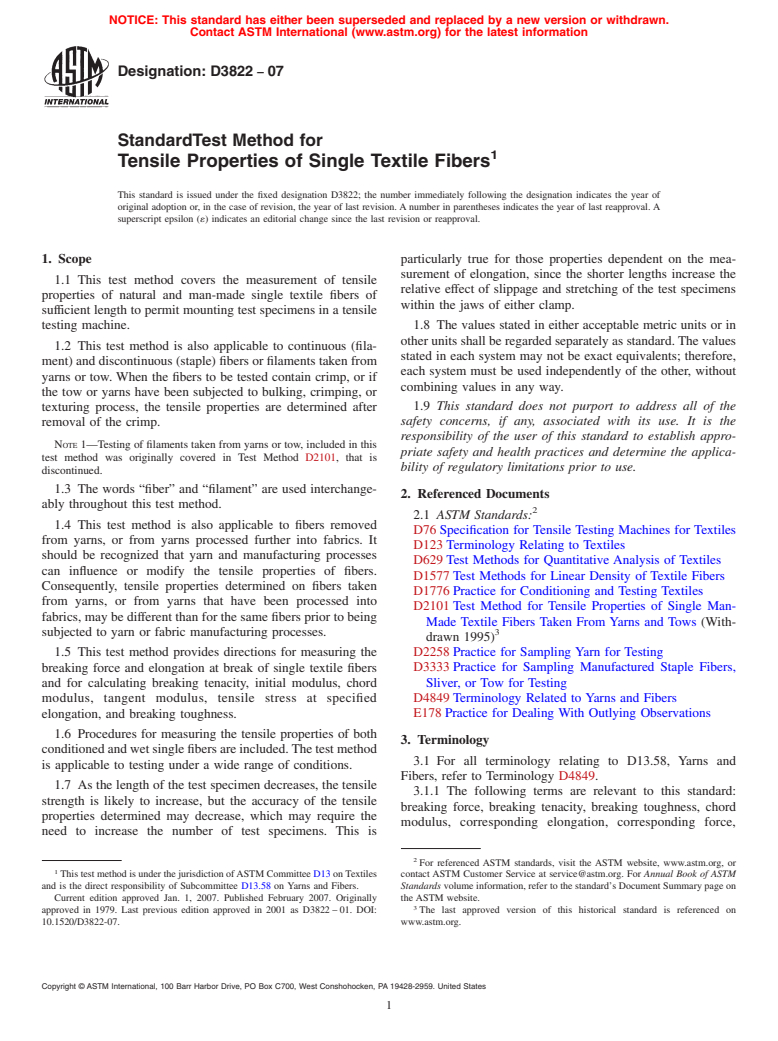 ASTM D3822-07 - Standard Test Method for Tensile Properties of Single Textile Fibers