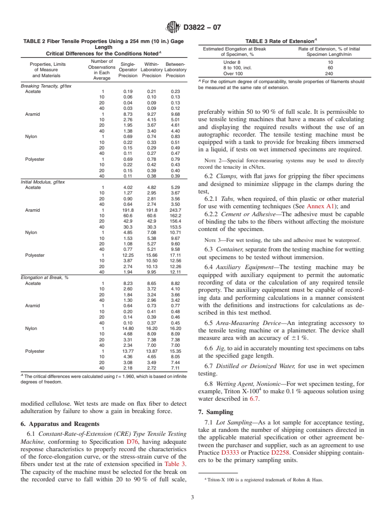 ASTM D3822-07 - Standard Test Method for Tensile Properties of Single Textile Fibers