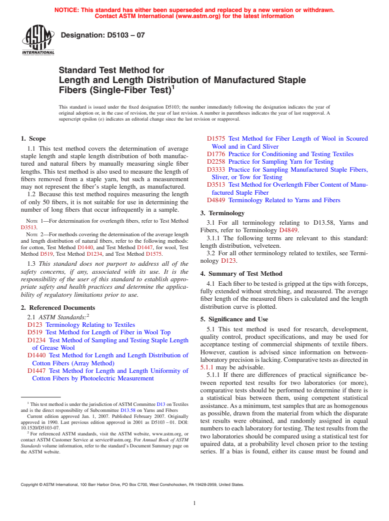 ASTM D5103-07 - Standard Test Method for Length and Length Distribution of Manufactured Staple Fibers (Single-Fiber Test)