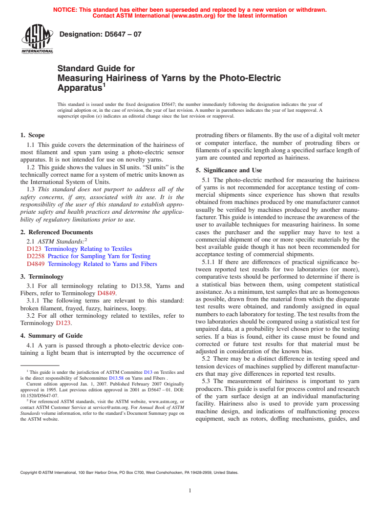 ASTM D5647-07 - Standard Guide for Measuring Hairiness of Yarns by the Photo-Electric Apparatus