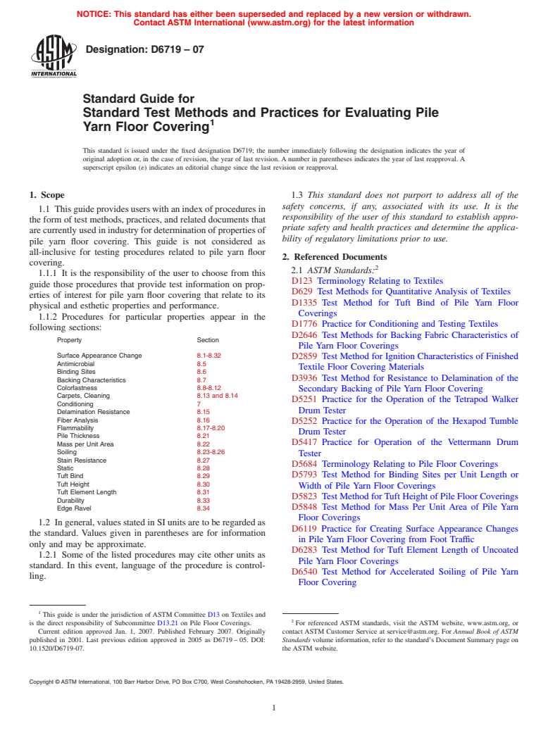 ASTM D6719-07 - Standard Guide for Standard Test Methods and Practices for Evaluating Pile Yarn Floor Covering