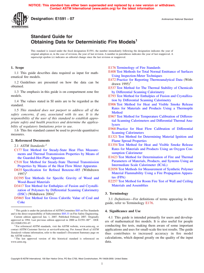 ASTM E1591-07 - Standard Guide for Obtaining Data for Deterministic Fire Models