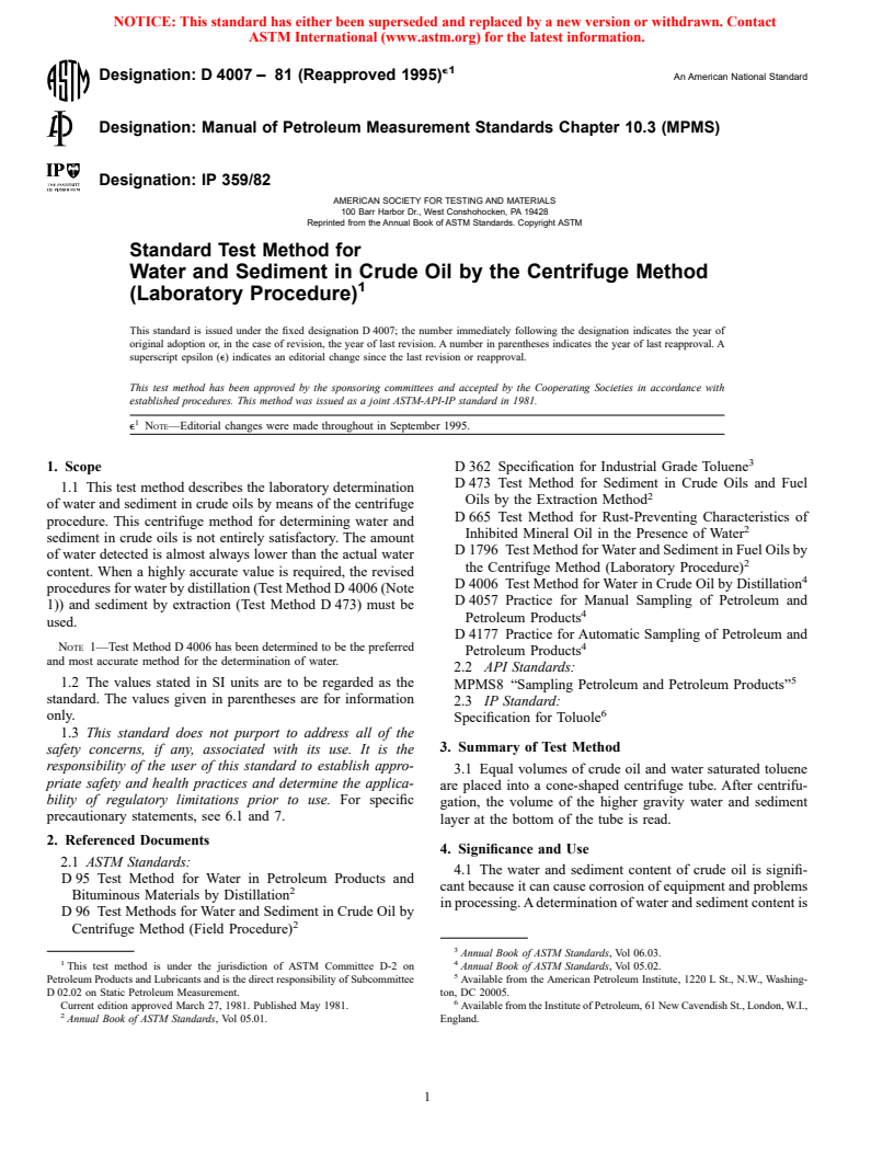 ASTM D4007-81(1995)e1 - Standard Test Method for Water and Sediment in Crude Oil by the Centrifuge Method (Laboratory Procedure)